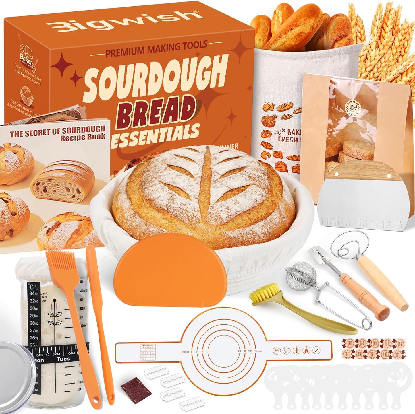 Sourdough Starter Kit for Beginners – Complete Sourdough Kit with Banneton Basket, Bread Lame with Blades, Starter Jar, Bread Stencil, Dough Scraper & Recipe Guide – Sourdough Bread Making Kit