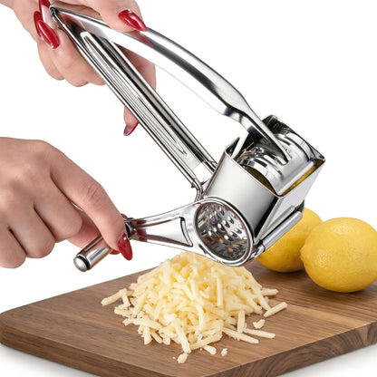 Rotary Cheese Grater with Handle, Professional Grade Stainless Steel Manual Ginger & Chocolate Shredder, Reversible Drum for Left/Right Hand, Easy-to-Clean Vegetable & Nut Grinder for Kitchen & Pizza