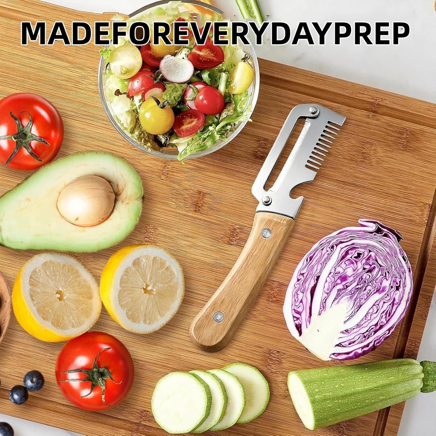3 in 1 peeler and slicer tool, Serrated Peeling Knife Premium Vegetable Peeler, Multi-function Stainless Steel Thickened Fruit PeelersWooden Handle and Bottle Opener for Fruits and Vegetables (1)