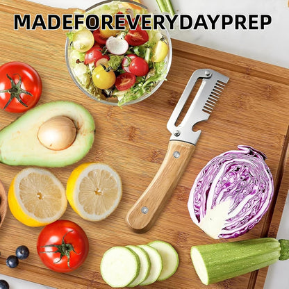 3 in 1 peeler and slicer tool, Serrated Peeling Knife Premium Vegetable Peeler, Multi-function Stainless Steel Thickened Fruit PeelersWooden Handle and Bottle Opener for Fruits and Vegetables (1)