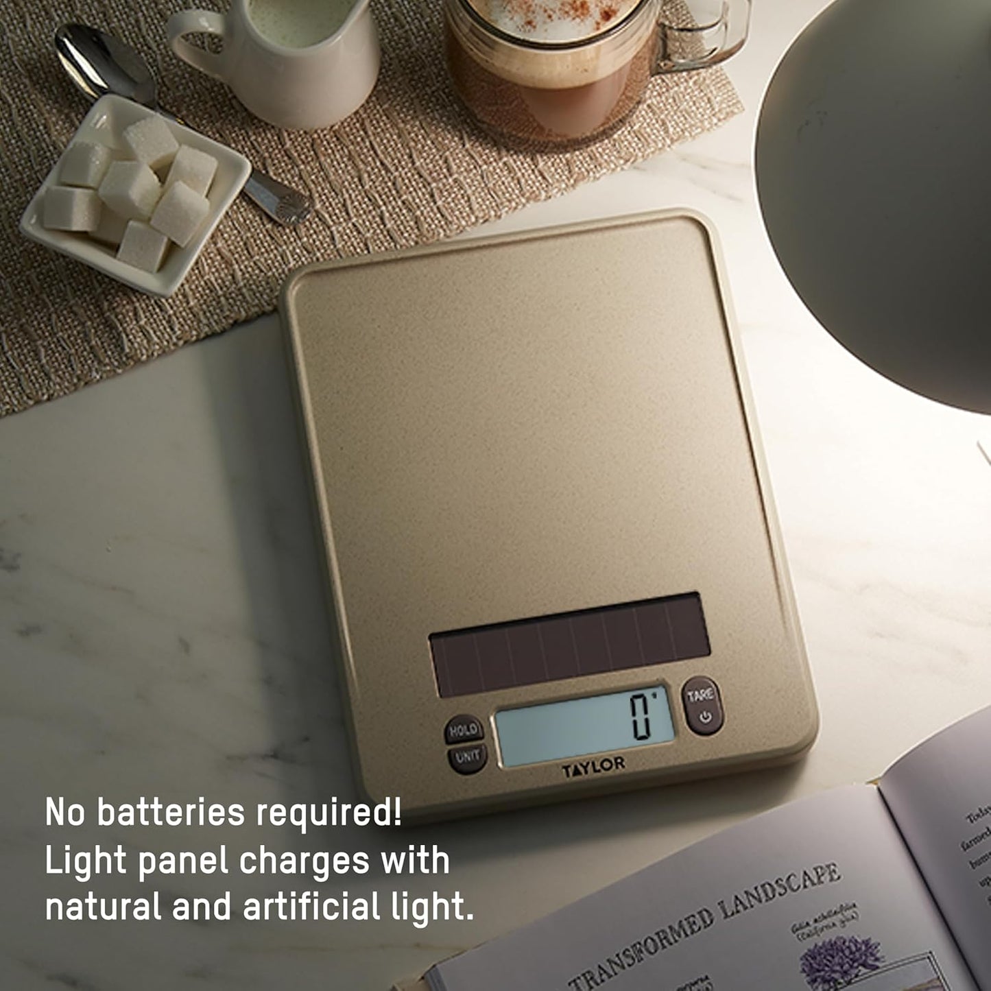 Taylor Light Powered Digital Kitchen Scale, Coffee Husk Blend Material, Solar Panel with Endless Power, No Batteries Needed, Energy-Saving, 11lb Capacity, Beige
