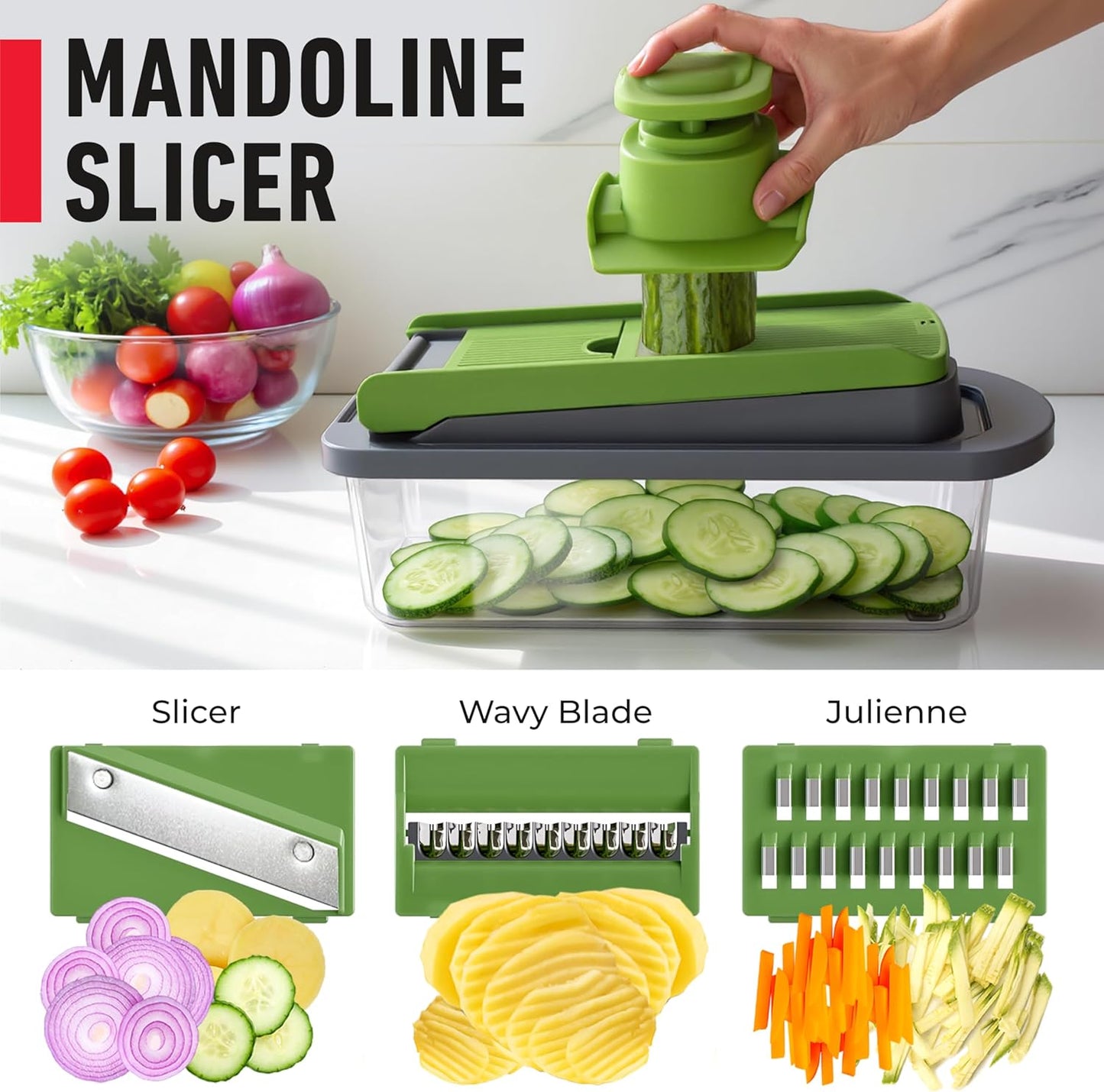Mueller Pro-Series 10-in-1, 8 Blade Vegetable Chopper, Onion Mincer, Cutter, Dicer, Egg Slicer with Container, French Fry Cutter Potato Slicer, Home Essentials, Salad Chopper White Sand/Green