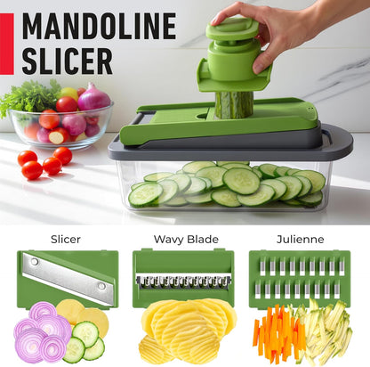 Mueller Pro-Series 10-in-1, 8 Blade Vegetable Chopper, Onion Mincer, Cutter, Dicer, Egg Slicer with Container, French Fry Cutter Potato Slicer, Home Essentials, Salad Chopper White Sand/Green