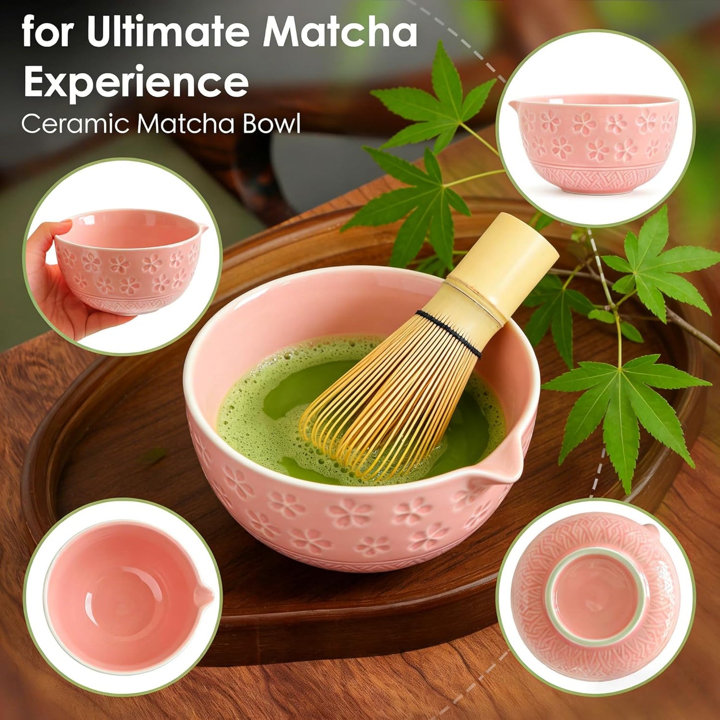 8PCS Japanese Matcha Whisk Set -With Ceramic Bowl (Spout Design),Bamboo Whisk and Holder,Scoop, Scoop Rest, Tea Towel,Sifter Kit for Lovers - Ideal for Daily Use, Ceremonial Use & Gifts(ALL) (Pink)