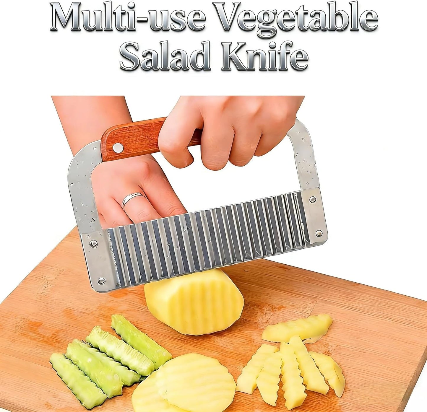 French Fry Slicer with Stainless Steel Blade and Wooden Handle, Vegetable Salad Chopping Knife for Veggies, Fruit, Potato, Soap, Waffle fries and Pickle, Crinkle Cutting Knife ﻿