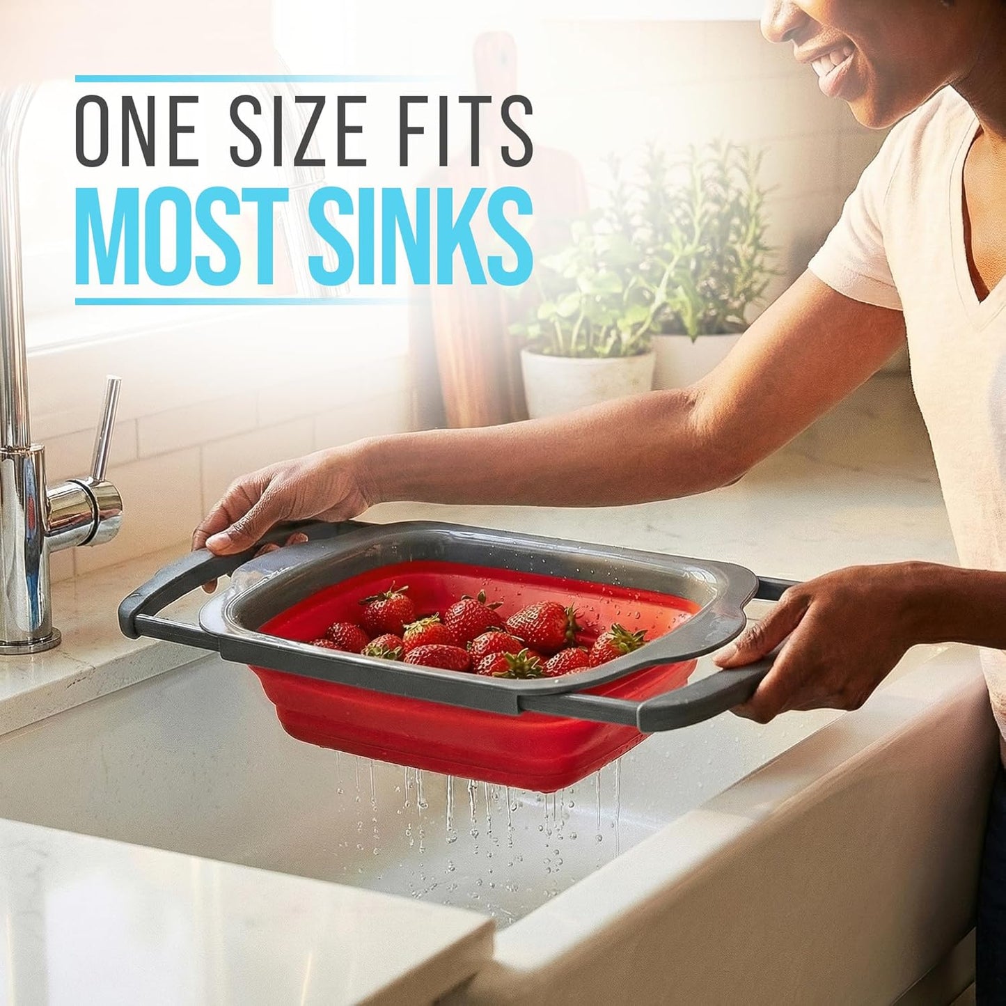 Comfify XL Large Kitchen Strainer - Collapsible Silicone Over - The-Sink Colander with Extendable Handles - Use with Pasta, Fruit, Berries & Veggie - 6 Quart - Blue