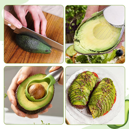 Avocado Slicer Tool, 3-in-1 Stainless Steel Avocado Slicer Tool with Peeler & Pitter, Silver & Green Design for Slicing, Scooping Pit Removal (9.37 x 2.28 In)