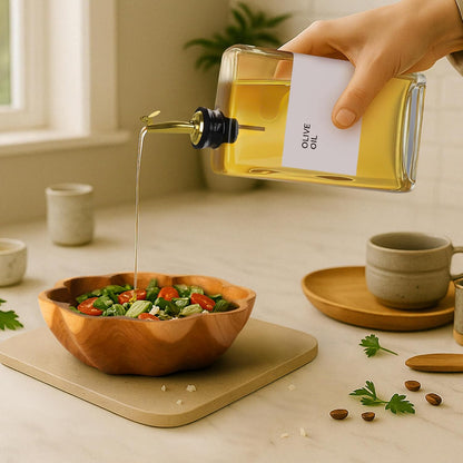 Spaceneat Olive Oil Dispenser Bottle - Includes 44 Kitchen Essential Labels - Cooking Oil Bottles for Kitchen, Coffee Syrup Dispenser - Pourer Spout with 11.8 fl oz Glass Container Cruet - 4pcs, Gold