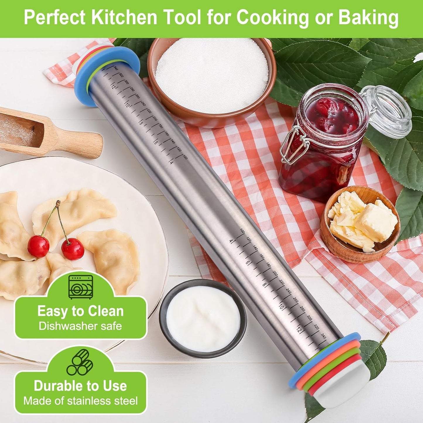 Wood Rolling Pin with Thickness Rings, Adjustable Wooden Rolling Pins for Baking, Dough Roller Pins for Cookie Pastry Tools Cake Baker, Fondant Roller for Decorating Bakery Supplies Kitchen Gadgets