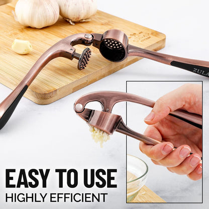 Zulay Kitchen Premium Garlic Press Set - Rust Proof Professional Garlic Mincer Tool - Easy-Squeeze, Easy-Clean with Soft, Ergonomic Handle - Silicone Garlic Peeler & Brush (Silver)