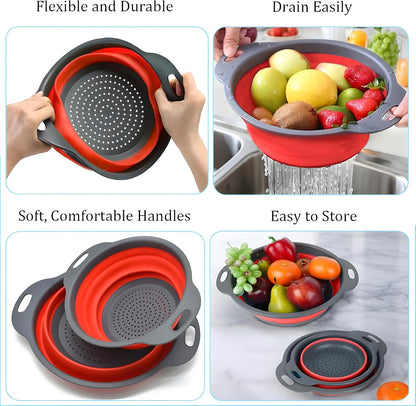 UVB Foldable Silicone Colander with 2 Stainless Steel Hooks & Collapsible Funnel, Kitchen Strainer Basket for Pasta, Fruit and Vegetables, Space Saving Sink Colander for Home Kitchen – Red