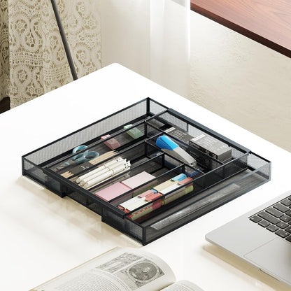 Sedegn Silverware Organizer Metal Mesh, Large Drawer Organizer, Utensil Cutlery Tray for kitchen drawers, Flatware Organizer with 6 Compartment, Black (11.3”*16“)