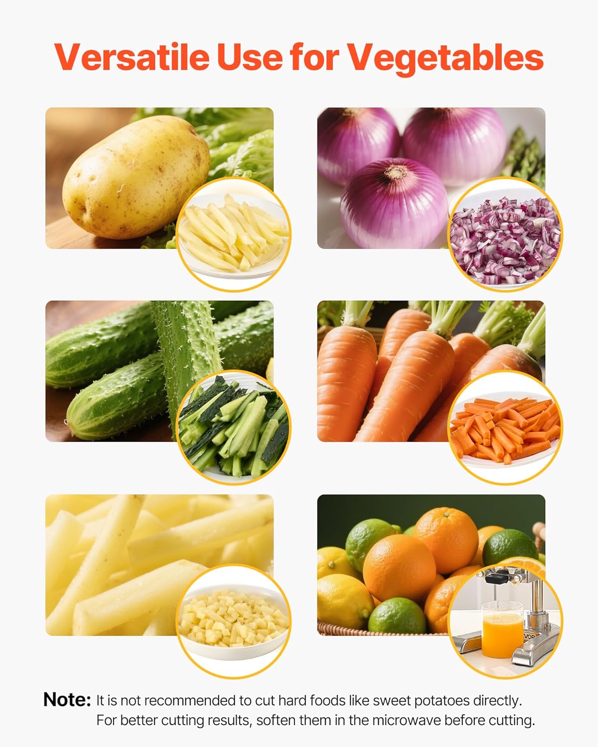 VEVOR French Fry Cutter, Ergonomic Potato Slicer with 3 Blades (1/2", 3/8", 1/4") & Juicer Plate, Easy-Replace Vegetable Chopper Dicer for Carrot, Onion, Lemon, Ideal for Home & Commercial Kitchens