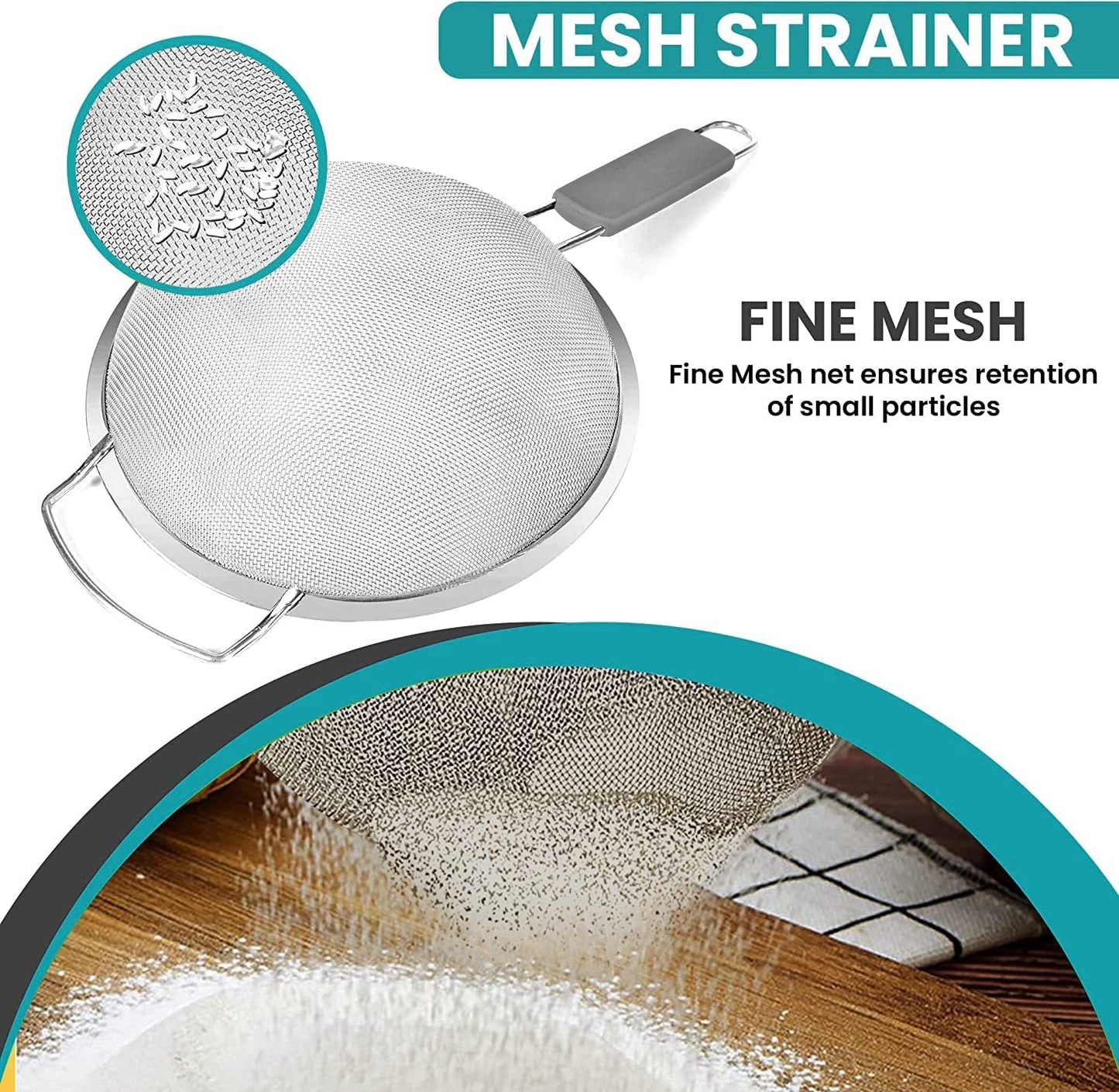 8" Large Fine Mesh Strainer with thermo plastic rubber handle - Sieve Fine Mesh Stainless Steel - Ideal to Strain Pasta, Quinoa and Rice.