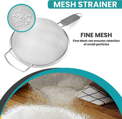8" Large Fine Mesh Strainer with thermo plastic rubber handle - Sieve Fine Mesh Stainless Steel - Ideal to Strain Pasta, Quinoa and Rice.