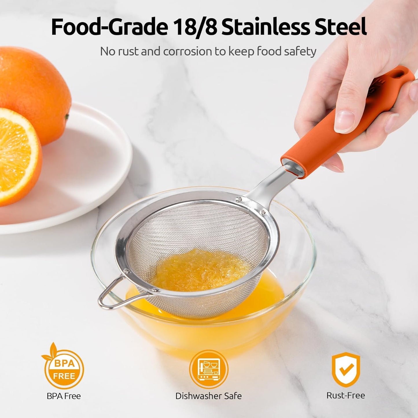 U-Taste Medium Fine Mesh Strainer: 18/8 Stainless Steel 4.73in 30 Mesh Kitchen Food Sieve with Sturdy Riveted Silicone Handle, Heavy Duty Deep Handheld Metal Colander for Rice, Quinoa, Flour (Black)