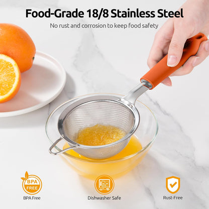 U-Taste Medium Fine Mesh Strainer: 18/8 Stainless Steel 4.73in 30 Mesh Kitchen Food Sieve with Sturdy Riveted Silicone Handle, Heavy Duty Deep Handheld Metal Colander for Rice, Quinoa, Flour (Black)