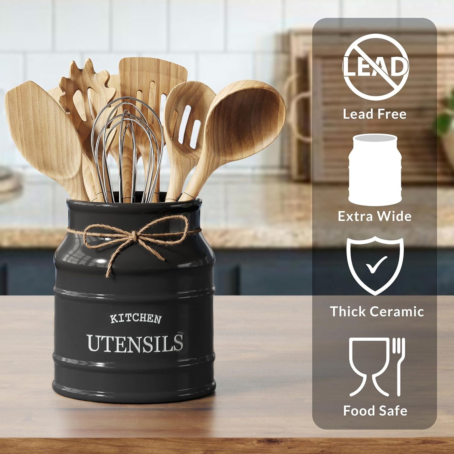 Barnyard Designs Ceramic Farmhouse Utensil Holder for Kitchen Counter, Large Rustic Utensil Crock, Countertop Cooking Tool Spatula Organizer, 6.75” (Taupe)