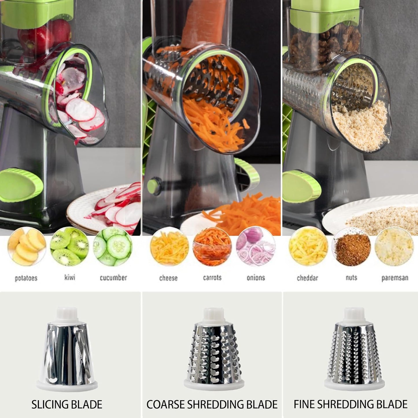 Cheese Grater Hand Crank Rotary Vegetables Shredder with Handle, 3-in-1 Graters with Interchangeable Blades and Non-slip Base Multifunctional Slicer for Kitchen