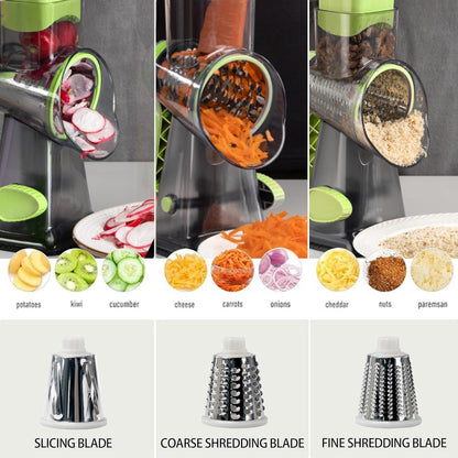 Cheese Grater Hand Crank Rotary Vegetables Shredder with Handle, 3-in-1 Graters with Interchangeable Blades and Non-slip Base Multifunctional Slicer for Kitchen