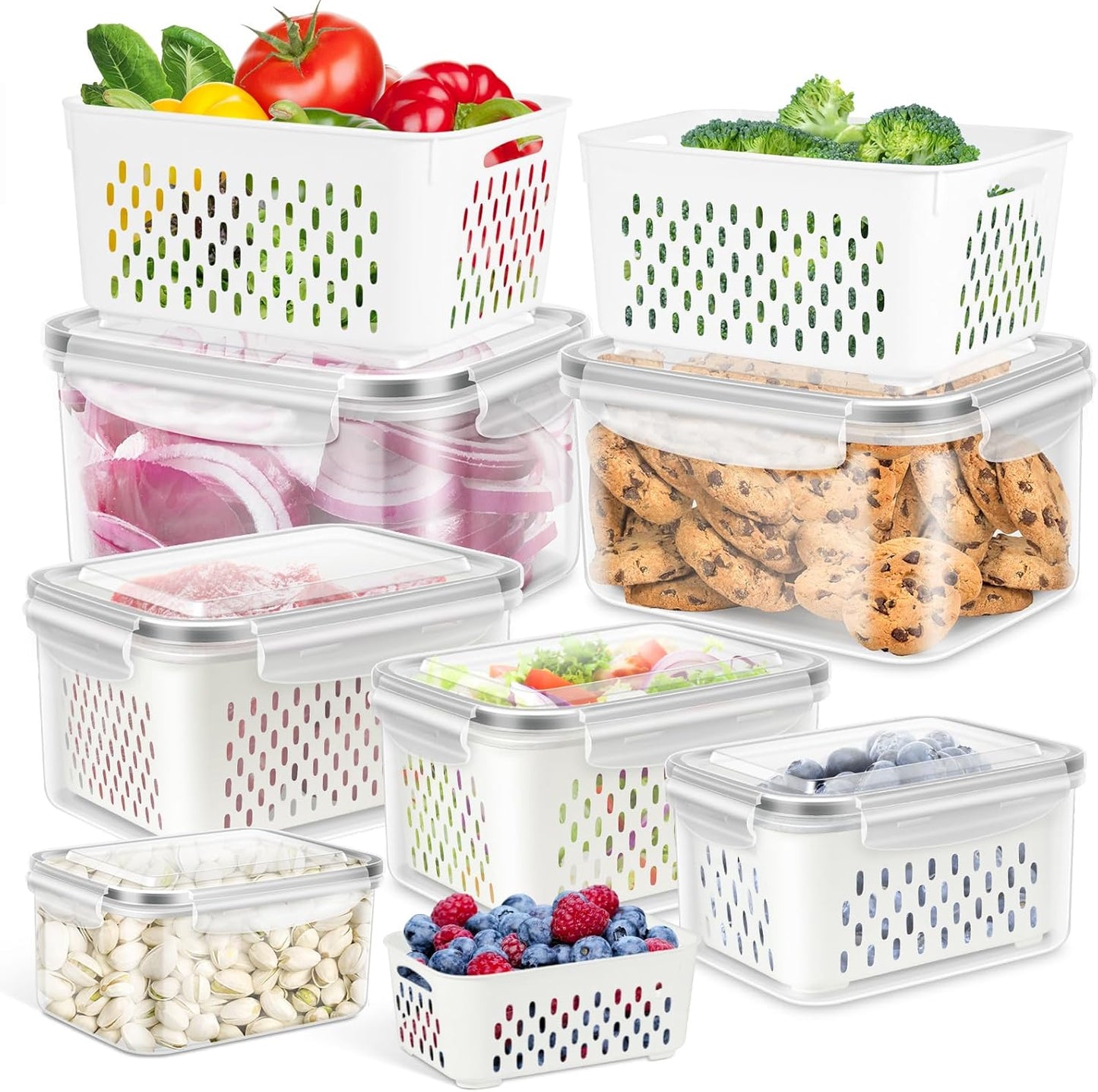 TBMAXS 5 Pack Fruit Storage Containers for Fridge Food Container with Colander Airtight BPA Free Plastic Berry Keeper Produce Vegetable Saver Bins Keep Fresh
