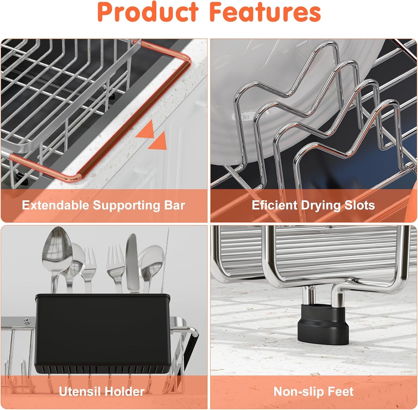 Over the Sink Expandable Dish Drainer Drying Rack In Stainless Steel for Small Kitchen, Counter Space Saving Modern Compact Metal Above Plate Dryer Strainer, Adjustable Hanging Inside Drain Holder