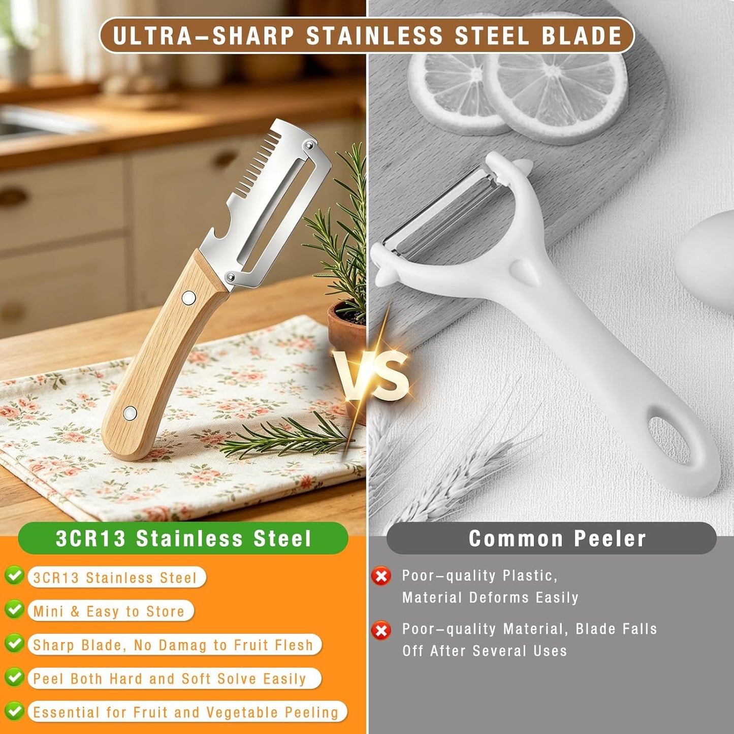 2 Pack Multifunctional Vegetable Peeler, 3 in 1 Kitchen Peeler with Bottle Opener and Wooden Handle, Kitchen Gadgets Tool for Fruit Pumpkin Peeling Potato Carrot Veggie Peeler