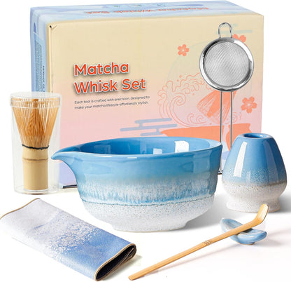 Matcha Whisk Set, Ceramic Matcha Kit Desert Style, Matcha Whisk and Bowl, Bamboo Scoop and Rest, Sifter and Tea Towel, 7 Pcs Gifts for Matcha Lover - Matte Black