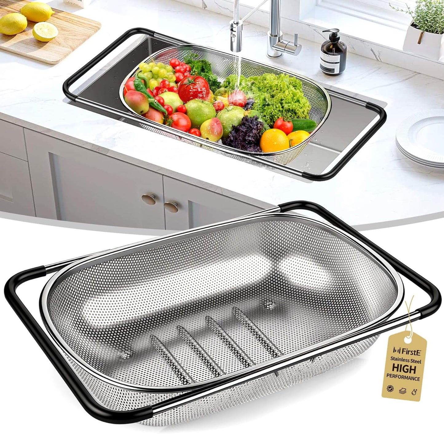 FirstE Over the Sink Colander Strainer Basket 6 Quart, Fine Mesh Stainless Steel Colander with Expandable Anti-slip Rubber Grip Handles, Kitchen Sink Vegetable Strainer for Drain Pasta, Rinse Fruits