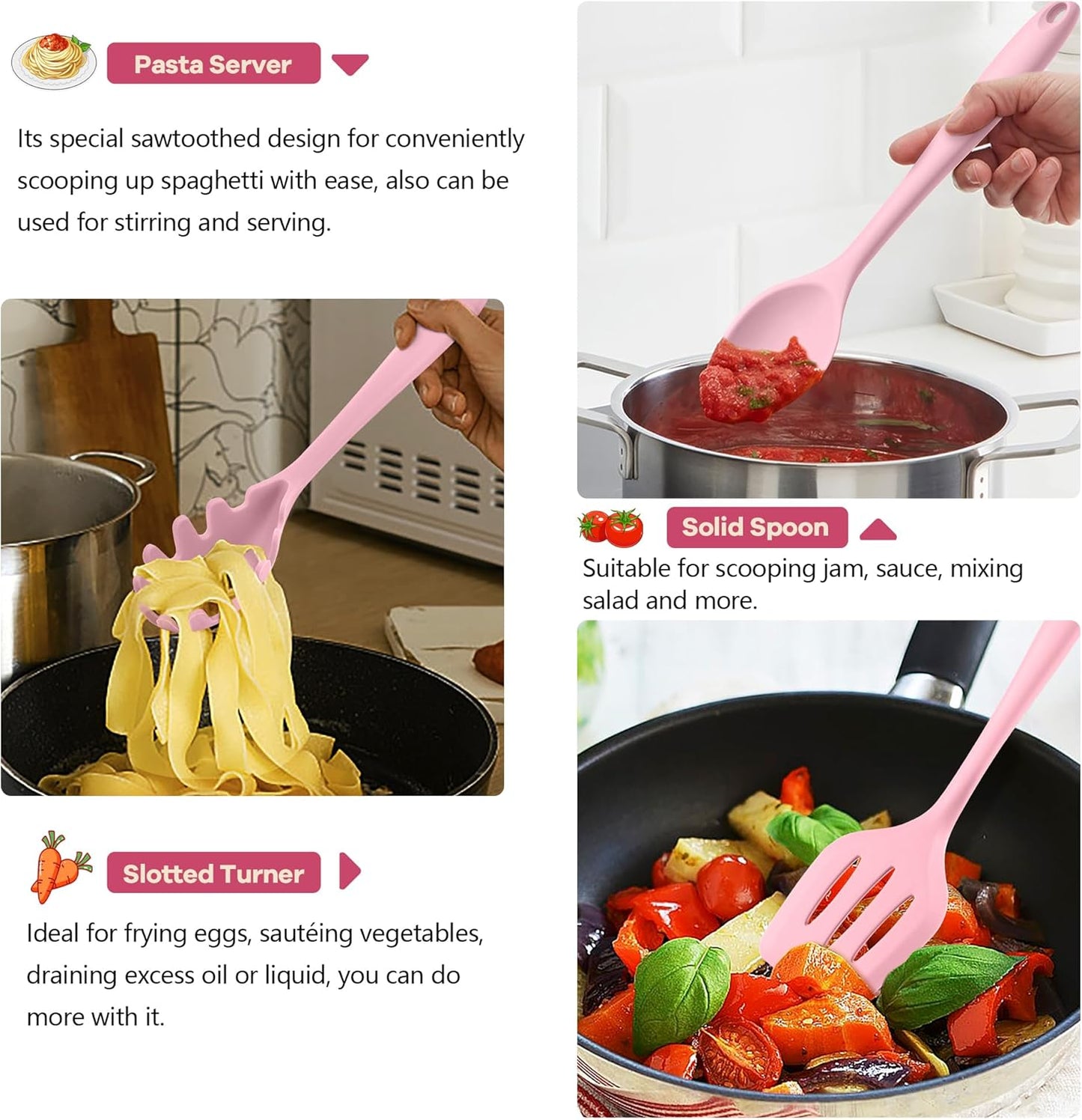TeamFar Silicone Cooking Utensils, 10 pcs Kitchen Cooking Utensils Set, 446°F Heat Resistant Kitchen Gadgets Tools Set w/Spatula, Turners, Spoons, Soup Ladle, Pasta Server for Nonstick Cookware, Black
