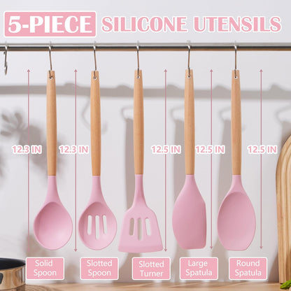 E-far Silicone Cooking Utensils Set, 10-Piece Heat Resistant Kitchen Utensils Set with Wooden Handle for Nonstick Cookware, Kitchen Nonstick Tools Spatula Whisk Tongs Ladle, Non-toxic & Healthy(Khaki)