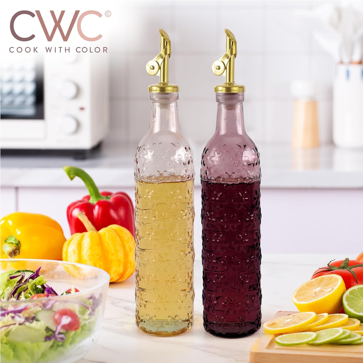 COOK WITH COLOR Glass Olive Oil Bottle Dispenser - 2 Pack- 17oz Oil and Vinegar Cruet - Olive Oil Carafe Decanter for Kitchen, Elegant Waves, Clear