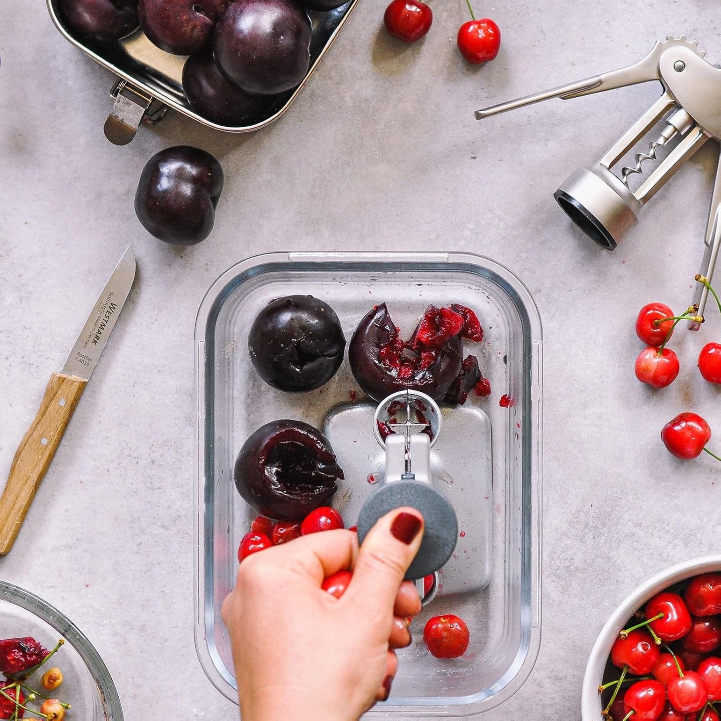 Westmark Cherry & Plum Pitter “Steinex-Combi” – 2-in-1 Fruit Pit Remover, Stainless Steel Blade, Heavy-Duty Aluminum, Fast Clean Pitting for Cherry Jam, Pie & Syrup