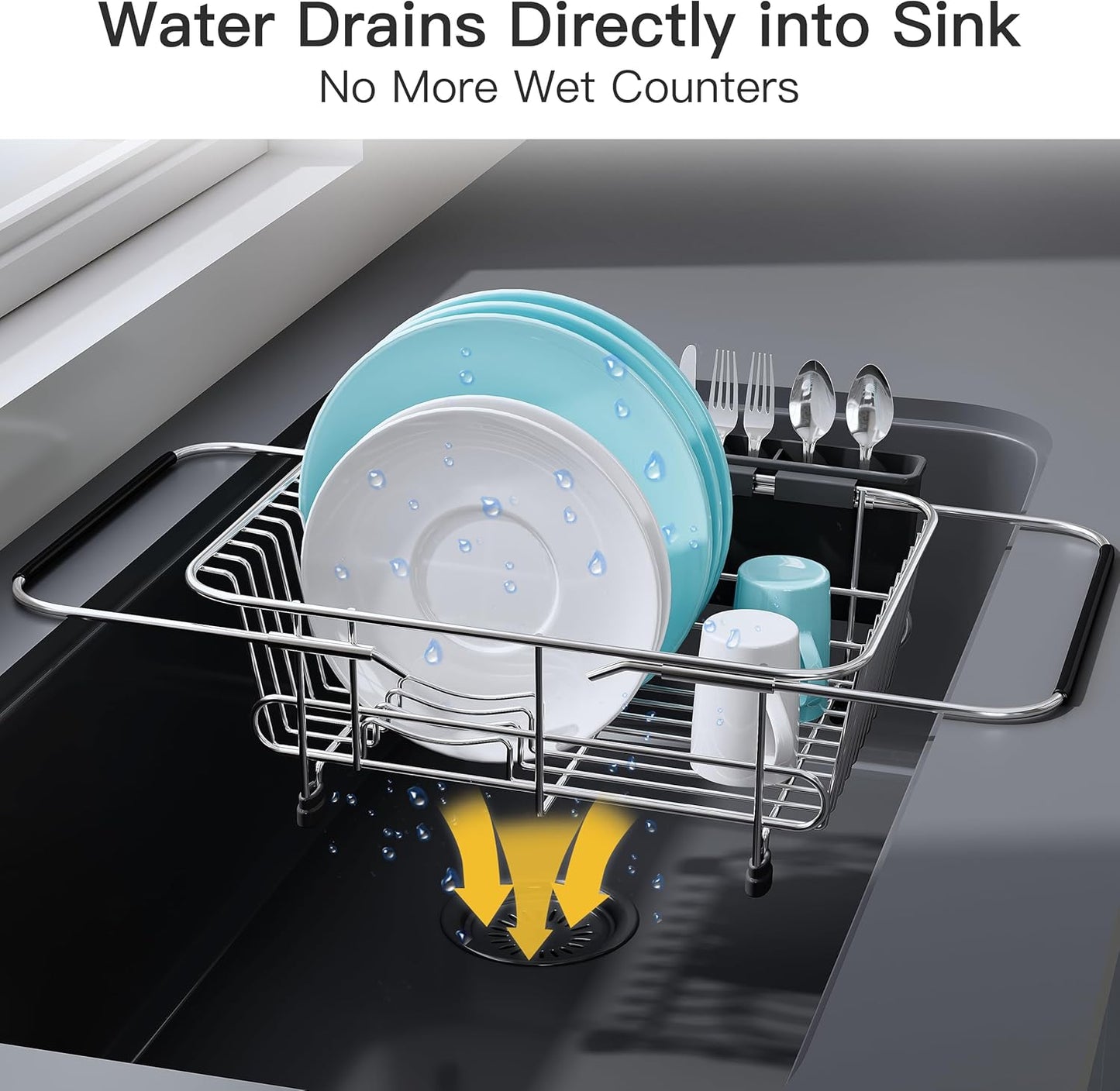 JASIWAY Roll Up Dish Drying Rack, Expandable (12.8"-23.8" D x 12.8" W) Stainless Steel Portable Drainer for Kitchen Sink Counter, Foldable Over The Sink Cover with Removable Utensil Holder