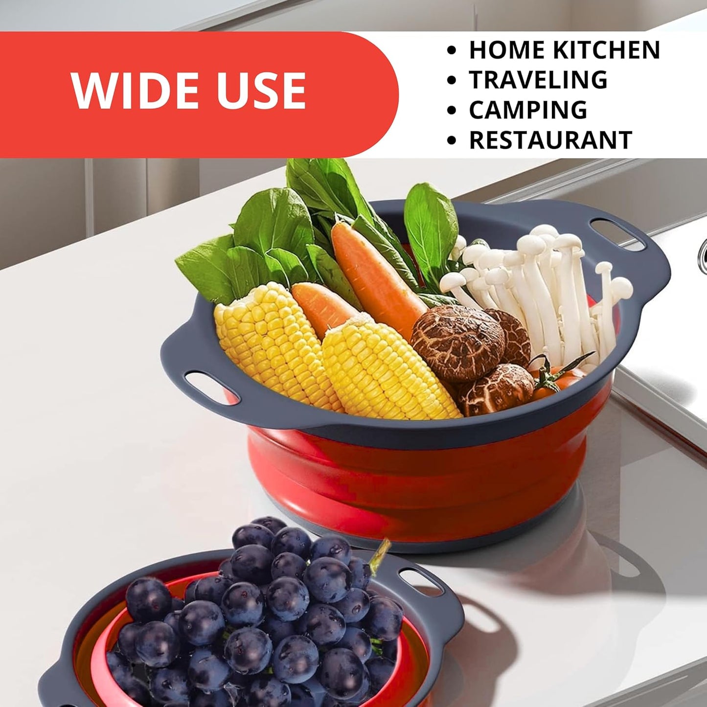 White Round Silicone Collapsible Colander – Silicone Round Kitchen Strainers with Plastic Handles Small Foldable Kitchen Strainer Perfect for Draining Pasta Vegetable and Fruit