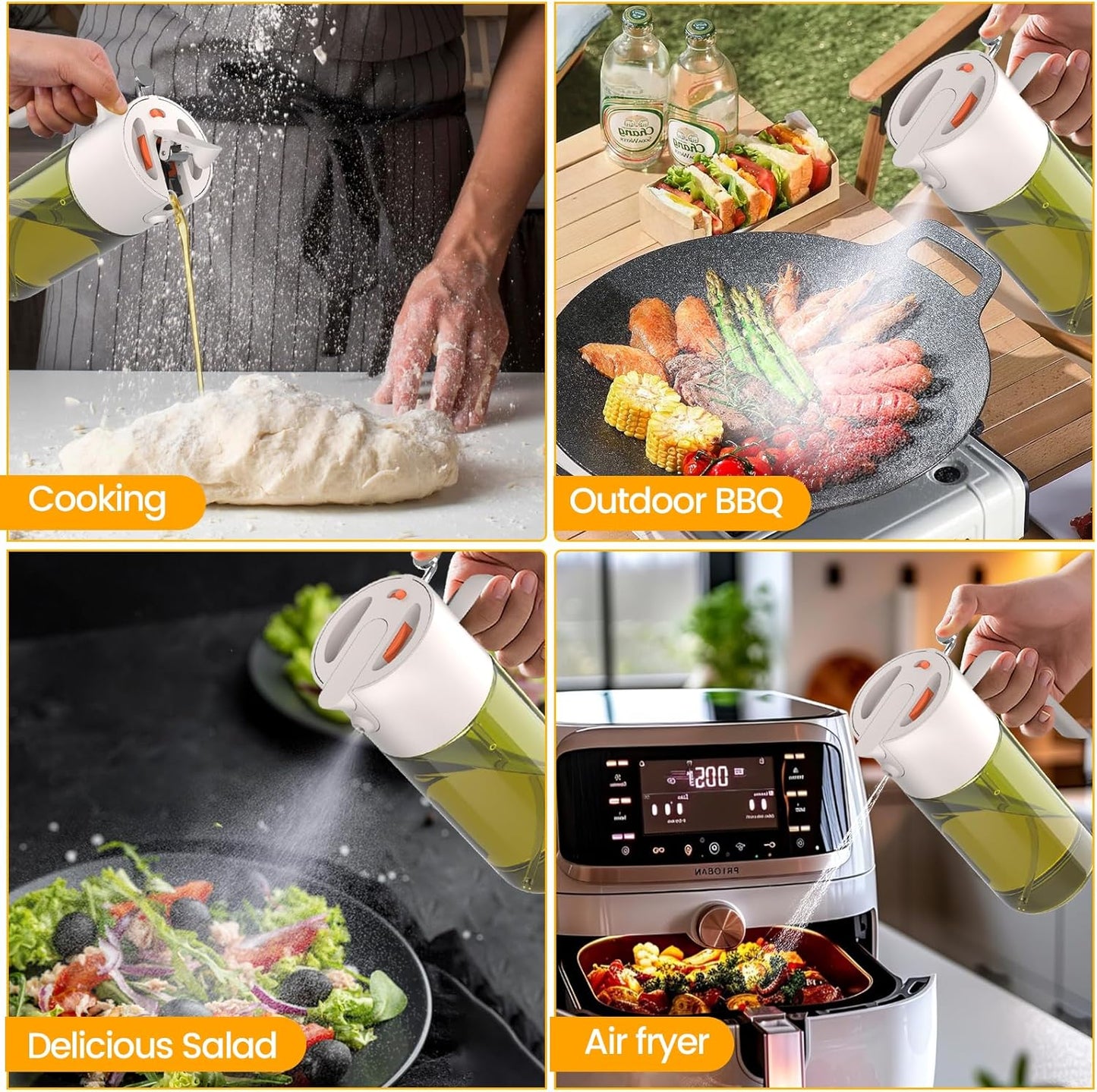 2-IN-1 500ml/17oz Light-Blocking Dark Oil Sprayer for Cooking with Sticker, Dark Green Glass Olive Oil Dispenser Bottle for Kitchen, Even Spray with Portion Control, Perfect for Air Fryer, BBQ - Black