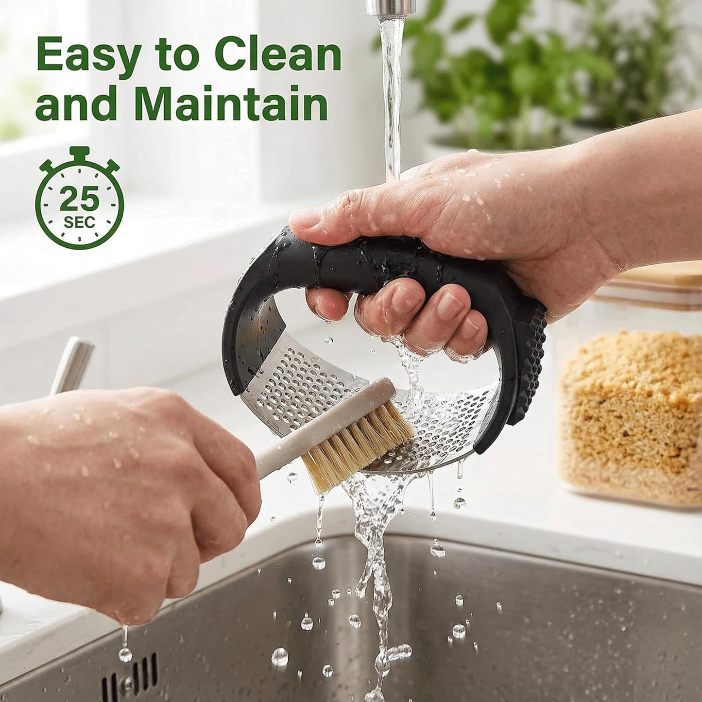Stainless Steel Garlic Press Rocker Set – Ergonomic Garlic Crusher and Mincer Tool for Effortless Pressing. Includes Silicone Peeler and Cleaning Brush. Dishwasher Safe Kitchen Gadget (Black Handle)