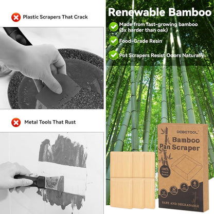DEBETOOL 6-Pack Natural Bamboo Pan Scraper & Pot Scraper - Non-Scratch Dish Scraper for Cast Iron，Stainless Steel & Ceramic Cookware - Food Scraper Tool