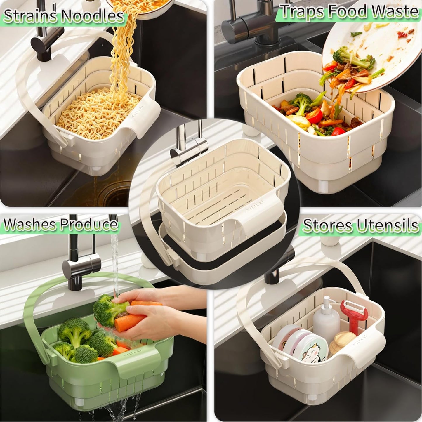 2026 Upgraded Foldable Kitchen Sink Strainer, No-Drill Hanging Drain Rack Food Catcher, Removable Anti-Clog Filter for Garbage Leftovers Kitchen Sink Daily Use (White)