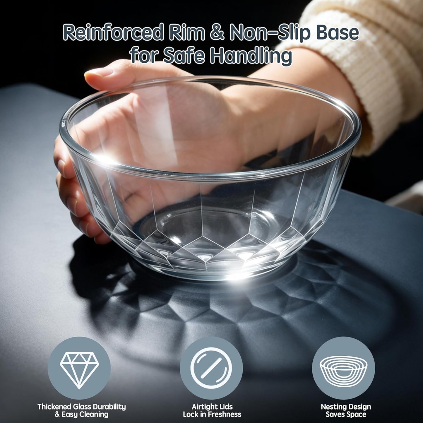 ENVTEK Thick Glass Mixing Bowls with Airtight Lids Set, 5-Piece Nesting Bowls for Baking & Meal Prep, BPA Free, Dishwasher Safe, 0.5/0.8/1.6/2.7/4.4 Quart - Gray
