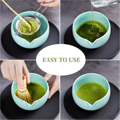 YIBO Matcha Whisk Set With Bowl, Ceramic Matcha Making Kit Includes Bamboo Whisk (Chasen), Holder Stand, Powder Starter Sifter, Scoop, Measuring Spoon & Cup Tea Tools For Ceremony (Mottled Green)