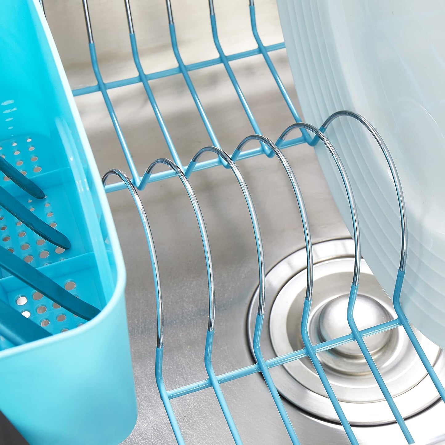 Dish Drying Rack & Cutlery Holder 2 Piece Set - Compact Sink-Fitting Dish Drainer with Rubberized Undercoating, Space-Saving Kitchen Organizer for Plates, Cups, Bowls & Utensils in Sink, Silver