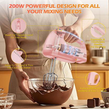 WADODO 7-Speed Electric Hand Mixer – Portable Food Mixer Kitchen Mixer with 304 *(1x Whisk, 2x Beater, 2x Dough hook) for Baking Cakes, Cream, Cookies, Light Pink