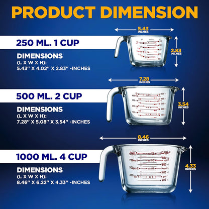 NutriChef 3 Pieces Measuring Cups - BPA-Free Premium Heat Resistant Borosilicate Glass Measuring Cups w/ Handle, Precise Measurement w/ Oz & Ml Scale, in 250ml 500ml & 1000ml, Microwave & Oven Safe