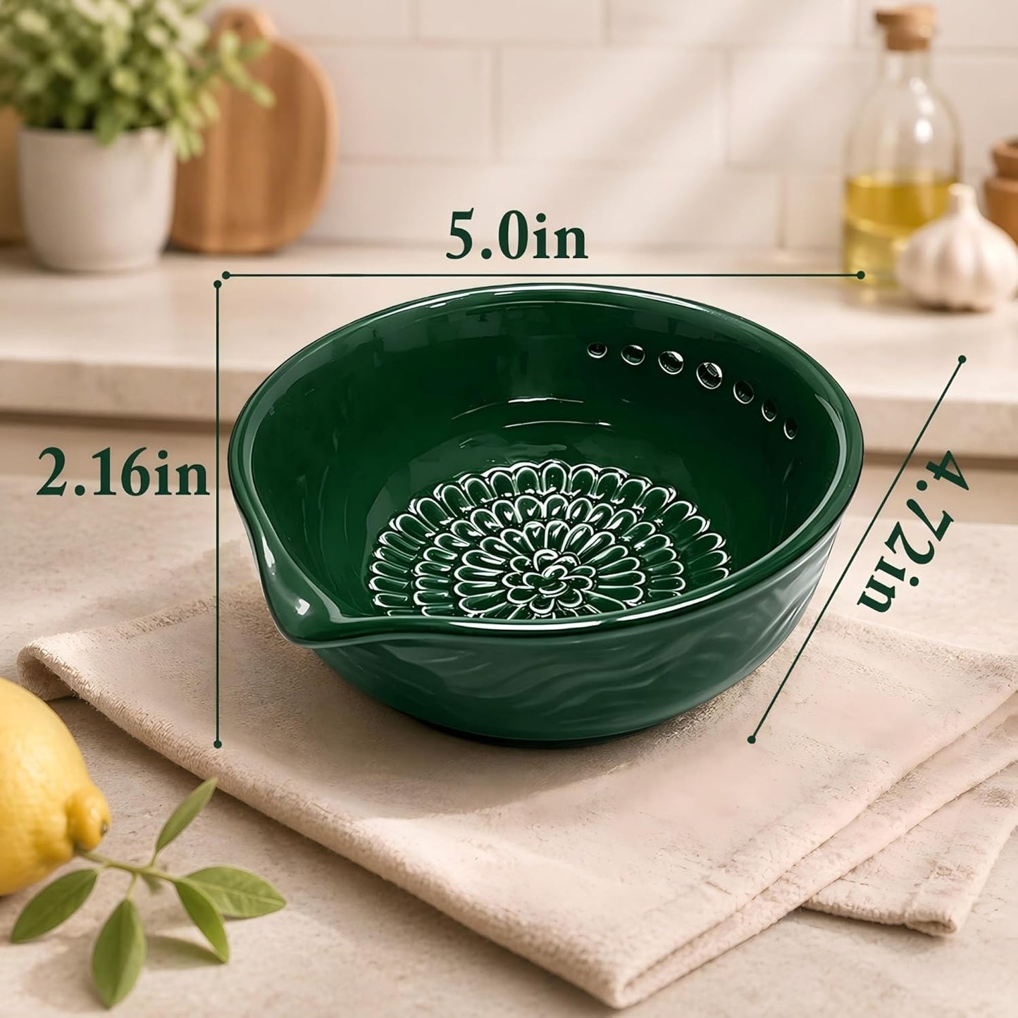 Ceramic Grater Bowl with Herb Stripper & Cleaning Brush, 3-in-1 Kitchen Tool for Garlic, Ginger & Vegetables, Easy to Clean Stripping Bowl for Kale, Rosemary, Thyme, and Basil, Dishwasher Safe-Green