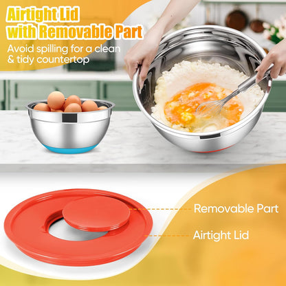 E-far Stainless Steel Mixing Bowls with Lids Set, 5-Piece Nesting Salad Bowls with 3 Grater Attachments and Non-Slip Bottoms, Size 4.6, 2.6, 2, 1.5, 1QT for Kitchen (Black)