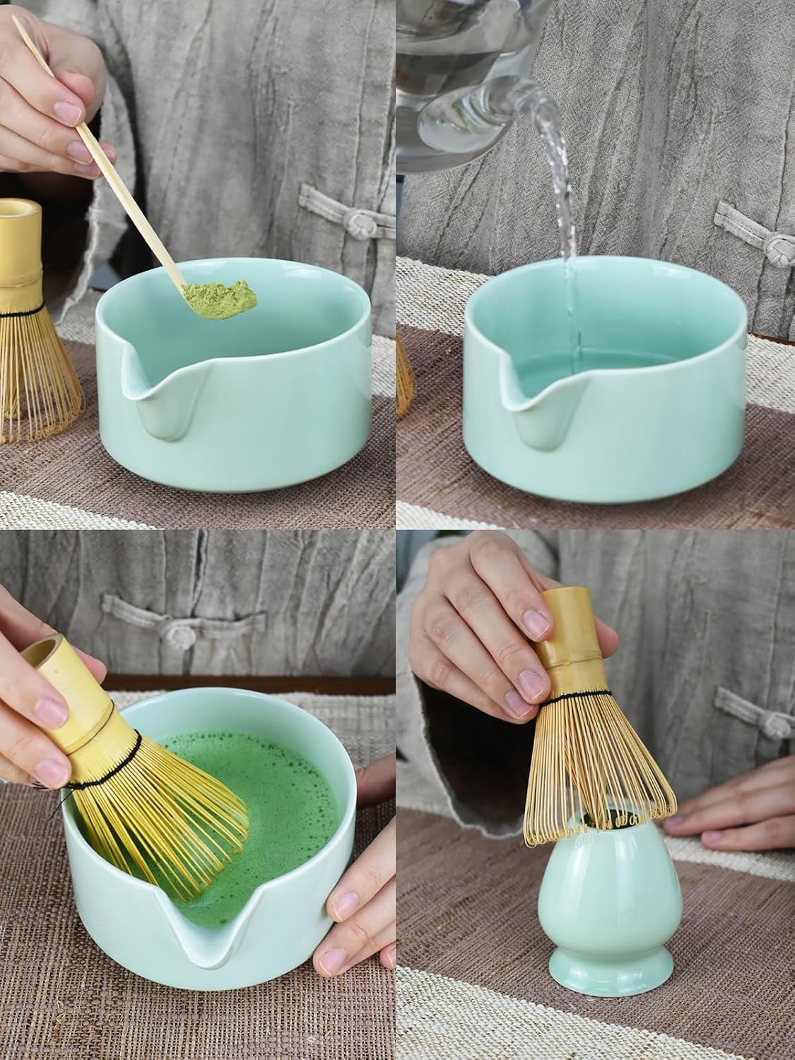 Artcome 4 Pcs Complete Matcha Ceremony Kit - Japanese Bowl With Pouring Spout, Whisk, Holder, Scoop - Tea Set for Making Usucha, Koicha and Latte (Green)