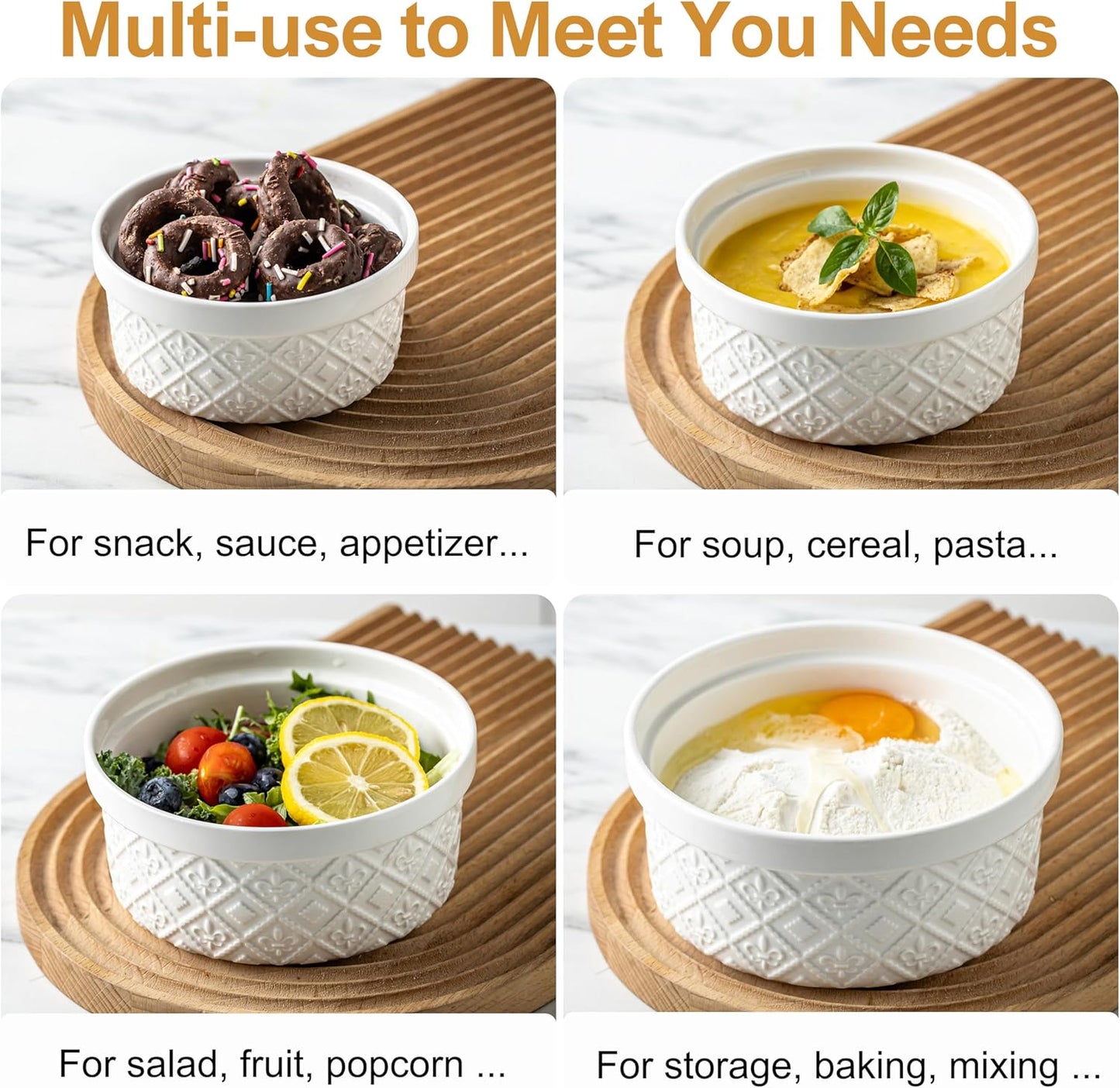 40 Oz Ramekins Ceramic Airtight Bowls Set of 4 - Large Mixing Bowls with Lids Set for Salad, Pho, Soup, Pasta, Dessert, Serving, Oatmeal, Baking Dishes, Dishwasher & Microwave Safe, Beige