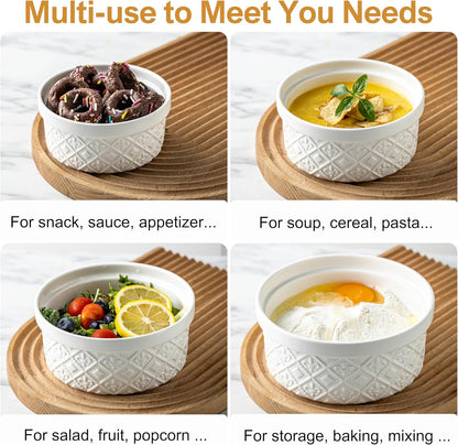 40 Oz Ramekins Ceramic Airtight Bowls Set of 4 - Large Mixing Bowls with Lids Set for Salad, Pho, Soup, Pasta, Dessert, Serving, Oatmeal, Baking Dishes, Dishwasher & Microwave Safe, Beige