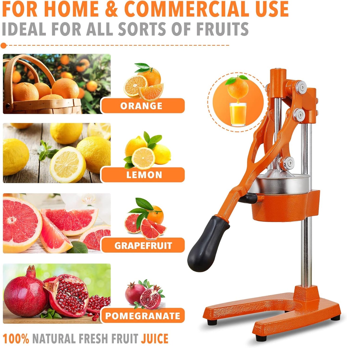 Commercial Heavy Duty Cast Iron Hand Press Manual Orange Citrus Lemon Lime Grapefruit Pomegranate Fruit Juice Squeezer Machine with Stainless Steel Cup